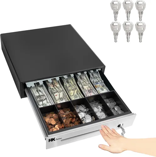 Vista 10 de HK SYSTEMS Cajón manual resistente de 13 pulgadas con 4 billes/5 monedas, hasta extraíble, dos ranuras mediales, color negro