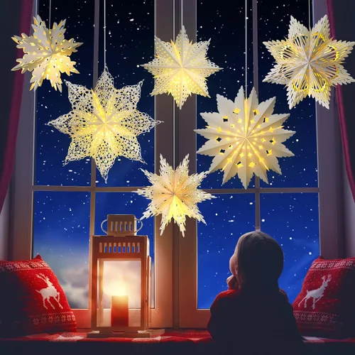 Vista 6 de Mudder 10 piezas de linterna de papel copo de nieve, linterna de papel estrella con 14 luces LED, lámpara de papel, decoración colgante de fiesta