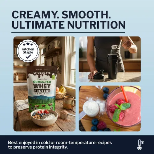 Vista 7 de Proteína de suero de chocolate en polvo, aislado de suero alimentado con pasto + cacao orgánico + azúcar real + sal del Himalaya, delicioso sabor