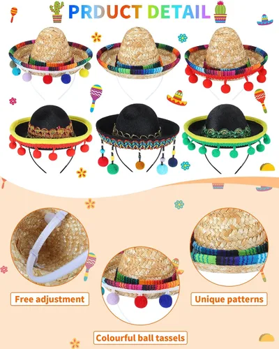 Vista 3 de Juego de 12 piezas de poncho y sombrero mexicanos del Cinco de Mayo para adultos, poncho de serape para fiesta mexicana con sombrero de paja