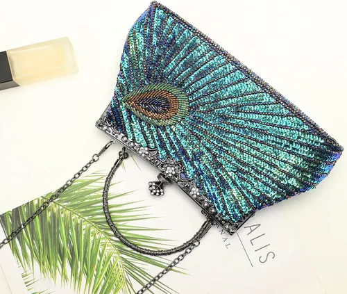 Vista 7 de UBORSE Bolsos de embrague de noche de pavo real con lentejuelas con cuentas Bolso de noche vintage Bolso de boda de fiesta de 1920