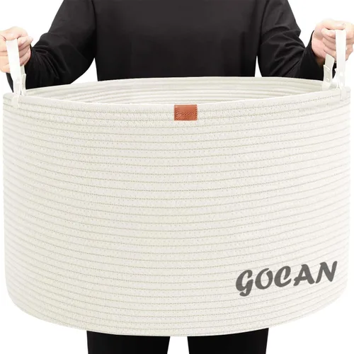 Vista 18 de GOCAN Cesta de almacenamiento extragrande para lavandería, 22 x 22 x 14 pulgadas, cesta tejida de cuerda de algodón para manta con asas para sala