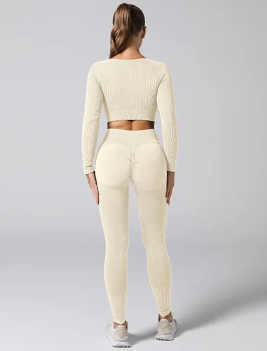 Vista 2 de ABOCIW Conjuntos de entrenamiento para mujer, sin costuras, acanalado, cuello corazón, manga larga, parte superior fruncida en los glúteos