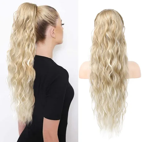 Vista 14 de HOOJIH Extensión de cola de caballo, extensiones de cabello con cordón para cola de caballo de 26 pulgadas de largo, pelo rizado y ondulado natural