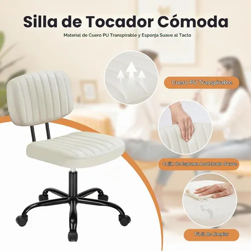 Vista 4 de Simple Deluxe Silla de escritorio pequeña, silla de oficina sin brazos con ruedas, de piel sintética, cómoda para computadora, giratoria, sin brazos