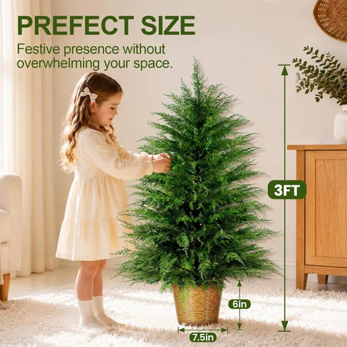 Vista 7 de Árbol de Navidad de cedro artificial preiluminado de 3 pies con luces enchufables, árbol de Navidad en maceta de cedro sintético en cesta decorativa