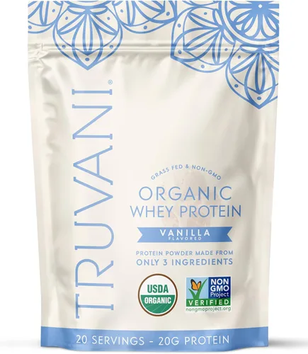 Vista 10 de Polvo de proteína de suero orgánico Truvani Chocolate 20g de proteína de suero alimentado con hierba 20 porciones Orgánico certificado USDA