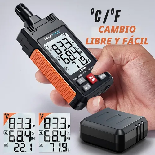 Vista 6 de Protmex HT607 Medidor de temperatura y humedad higrómetro digital de alta precisión con ambiente, humedad relativa, punto de rocío, termómetro