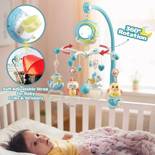 Vista 5 de Mini Tudou Cuna móvil musical para bebé con música y luces, función de temporizador, proyección, sonajero para llevar y caja de música para bebés
