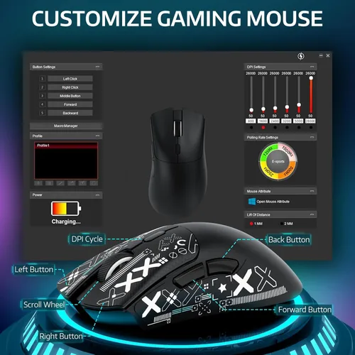 Vista 5 de ATTACK SHARK R1 Ratón inalámbrico para juegos, conexión tri-modo (2.4G/cable/BT5.2), 55g ligero, sensor óptico de 18K DPI, vida útil de teclas HUYU