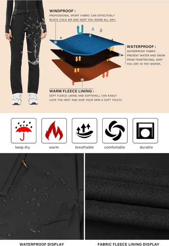 Vista 4 de PERSIT Pantalones de senderismo para mujer, impermeables, resistentes al viento, con forro polar