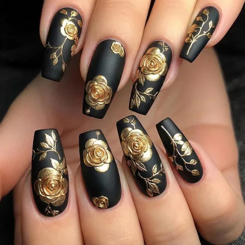Vista 16 de MISUD Uñas Postizas - Uñas Largas Forma Ataúd con Pegamento en Negro Gótico, Diseño Acrílico Gótico de Rosa 24 piezas