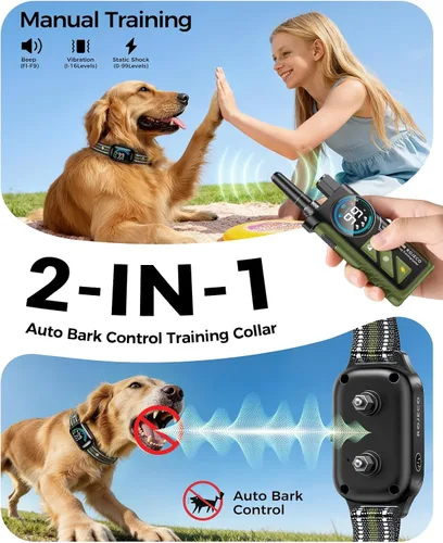 Vista 2 de Rojeco Collar de choque de perro 2 en 1 y collar de ladrido de perro, collar de perro remoto de 3300 pies con resistencia al agua IPX7, modos