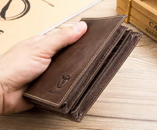 Vista 4 de BULLCAPTAIN Cartera de cuero genuino para hombres con bloqueo RFID billeteras de identificación con ventana de crédito titular de la tarjeta