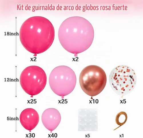 Vista 3 de Kit de arco de guirnalda de globos rosados, 145 globos de oro rosa intenso con globos de confeti para decoración del día de la madre, cumpleaños