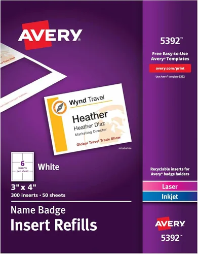 Vista 9 de Avery Insertos personalizables de etiquetas de identificación para portaetiquetas de nombre, 3" x 4", blanco, imprimible con láser/inyección