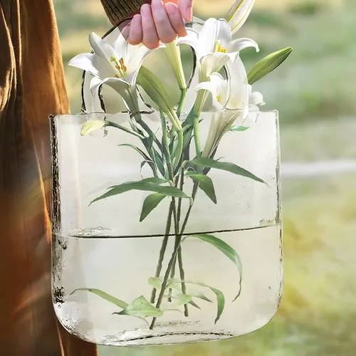 Vista 6 de Jarrones de vidrio transparente en forma de bolso, jarrones únicos de vidrio transparente con asa y diseño de burbujas, jarrones de flores de arte