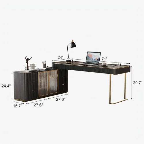 Vista 2 de Lartis Escritorio de oficina de lujo de 71 pulgadas, escritorio para computadora, escritorio ejecutivo en forma de L, tomas de corriente integradas