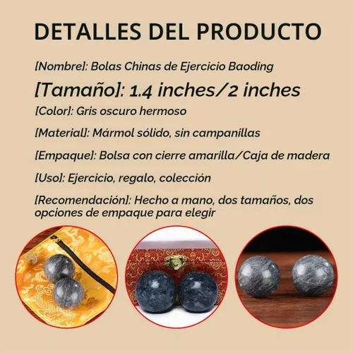 Vista 5 de Bolas chinas Baoding de ejercicio para aliviar el estrés y lograr la salud en piedra natural de mármol jade, color gris oscuro, Gris oscuro