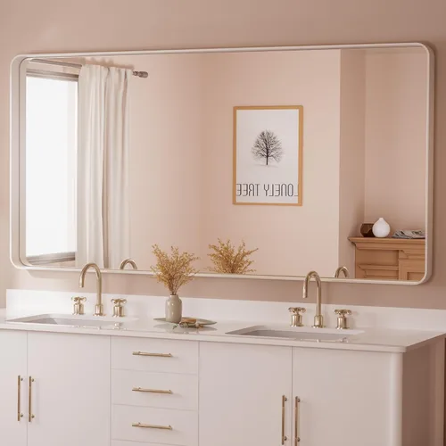 Vista 64 de Espejo de marco dorado cepillado de 16 x 24 pulgadas, espejo de tocador de baño de latón dorado para pared, espejo enmarcado rectangular de esquina