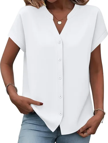 Vista 23 de Zeagoo Camisas con botones para mujer, camisetas de manga corta, cuello en V, blusas casuales de negocios