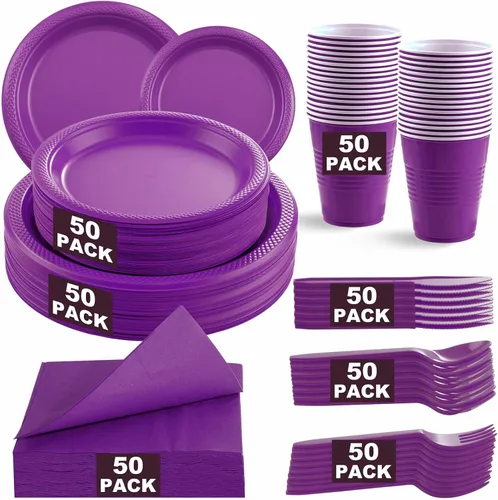 Vista 11 de MirthMood - 350 platos desechables negros, platos negros, suministros de plástico para fiestas, incluye 50 platos llanos, 50 platos de ensalada, 50