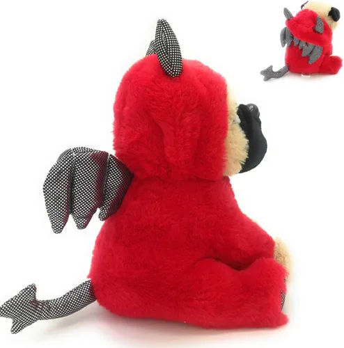 Vista 8 de Peluche de pug en disfraz de diablo de 10 pulgadas, color rojo para cumpleaños soft polyester dog with move down hood for nursery decor and