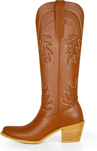 Vista 4 de Botas vaqueras bordadas para mujer, botas vaqueras de media pantorrilla, punta puntiaguda, tacón grueso, 2.0 in, diseño de moda, botas occidentales