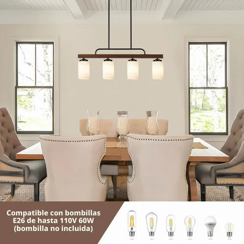 Vista 3 de Iluminación de madera para isla de cocina con pantalla de vidrio de leche 4 luces.