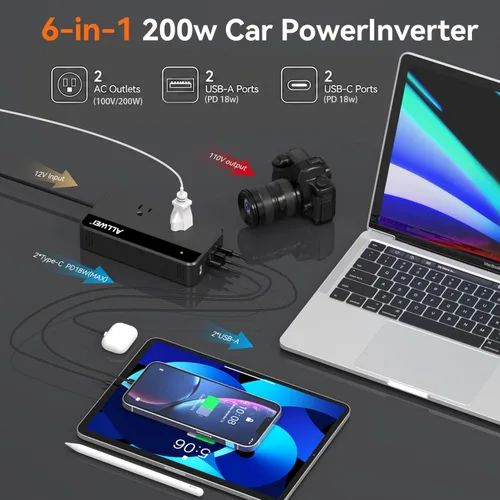 Vista 3 de ALLWEI Inversor de corriente para automóvil de 200 W, 12 V CC a 110 V CA inversor de automóvil con 4 puertos USB de carga rápida (2 USB A, 2 USB C)