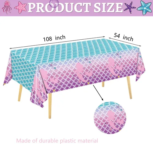 Vista 3 de Juego de 122 decoraciones para fiesta de cumpleaños de sirena, incluye platos, servilleta, tenedor, taza, mantel, pancarta para baby shower