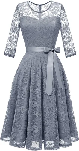 Vista 7 de Dressystar Vestido de encaje floral para mujer, corto, para dama de honor, con cuello transparente B- Borgoña