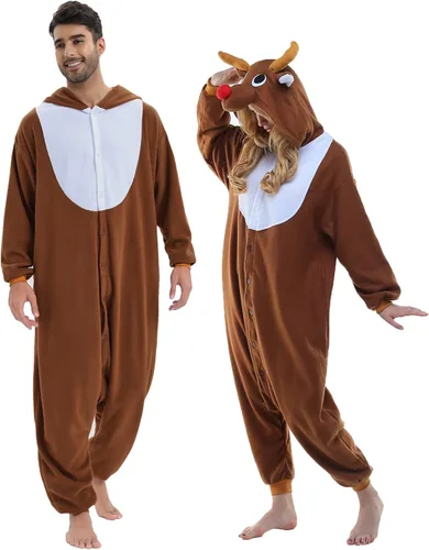 Vista 2 de NEWCOSPLAY - Pijama unisex de una pieza de felpa con diseño de reno de Santa Claus para adultos Reno de café S