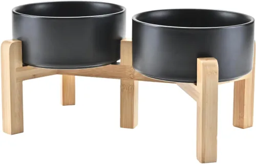 Vista 43 de SPUNKYJUNKY Cuencos elevados de cerámica para perros, 5.1 pulgadas, para comida de perros y gatos, cuencos elevados con soporte de bambú Verde oscuro