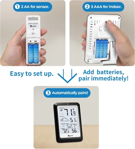 Vista 7 de Termómetro higrómetro para interiores y exteriores, estación meteorológica inalámbrica, monitor de temperatura y humedad alimentado por batería