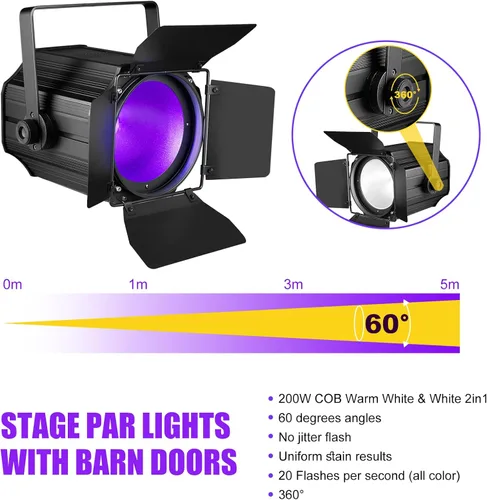 Vista 4 de Luces de escenario COB con puertas de granero, luz par COB de 200 W, LED 3500 ~ 7500 K, blanco cálido y blanco, DMX512 con sonido maestro-esclavo