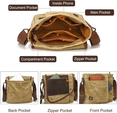 Vista 4 de FANDARE Bolsas de hombro retro para hombre, bolsas de lona para hombre, bolsa cruzada, bolsas de mensajero para hombres y mujeres, paquete