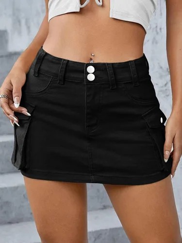 Vista 7 de Falda de carga de cintura baja para mujer, mini falda de mezclilla con bolsillo
