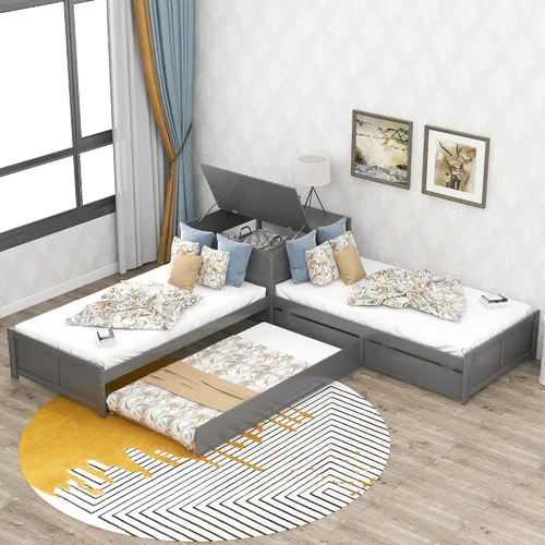 Vista 11 de Moderna cama de plataforma en forma de L con nido y cajones, cama de plataforma de madera de tamaño individual con mesa cuadrada abatible White#w