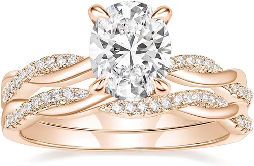 Vista 8 de Juego de anillos de compromiso de 3 quilates para mujer, anillos de circonita cúbica de corte ovalado, banda de boda, conjunto de pavé infinito