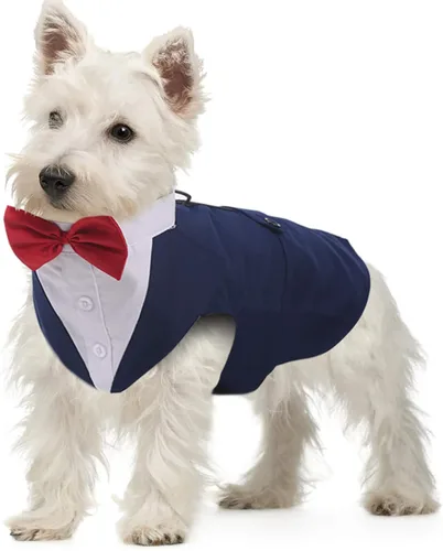 Vista 16 de QBLEEV Esmoquin para perros pequeños, conjunto de traje y bandana, traje de boda con corbatín, disfraz formal de esmoquin para Halloween, Navidad