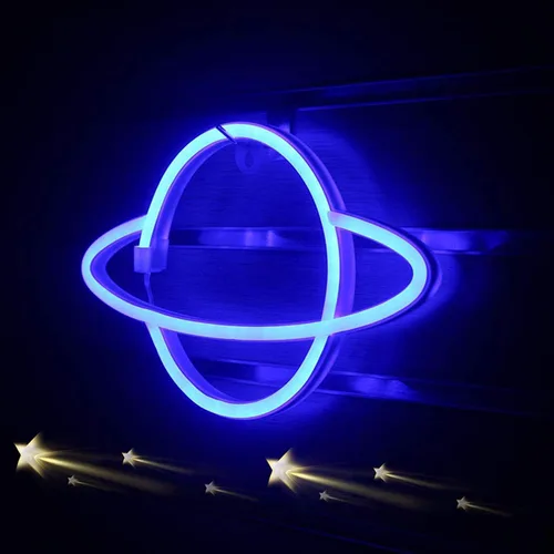 Vista 3 de Luces LED de neón, WONFAST Planet Rocket, letreros de neón acrílicos con pilas o USB, decoración de pared para habitación de niños, Navidad Azul