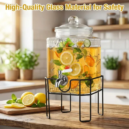 Vista 3 de Dispensador de bebidas, dispensadores de bebidas para fiestas, dispensador de bebidas de vidrio de 1 galón con soporte y tapa de vidrio, grifo 100%