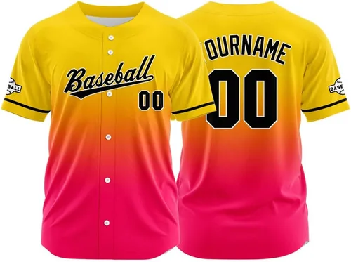 Vista 22 de Camiseta de béisbol con degradado personalizado, nombre, número y logotipo personalizados para hombres, mujeres y niños