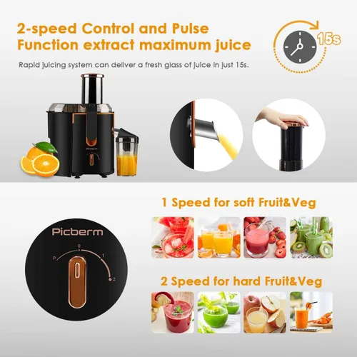 Vista 4 de [Usado] Exprimidor extractor picberm Exprimidor de boca ancha, exprimidor centrífugo de 3 velocidades para frutas y verduras, potente exprimidor