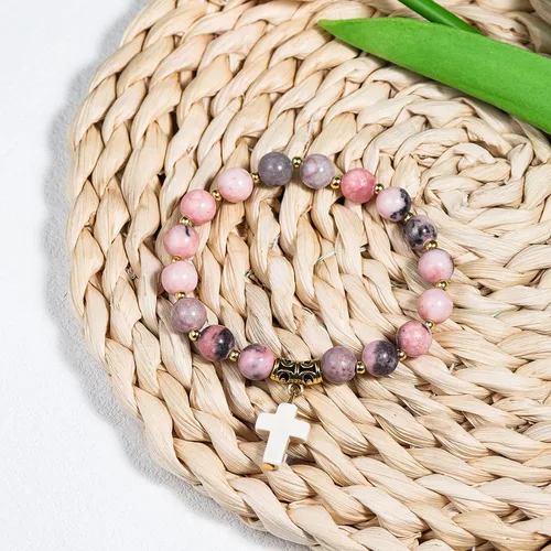 Vista 2 de Regalos cristianos para mujeres, hombres, pulsera elástica de cuentas cruzadas católicas religiosas, regalos de joyería curativa de piedra natural