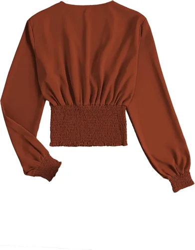 Vista 2 de LYANER Blusa corta de manga larga con cuello en V y volantes para mujer