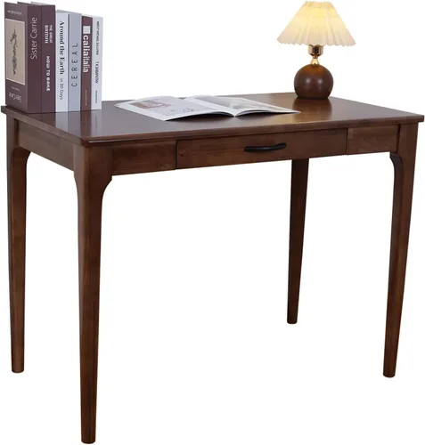 Vista 16 de Escritorio de madera maciza con cajones, escritorio de computadora de madera para oficina en casa, escritorio de estudio de juegos para espacios