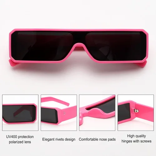 Vista 4 de Gafas de sol pequeñas para mujeres y hombres, futuristas alienígenas, color negro, lentes de sol rectangulares con marco brillante de los años 90