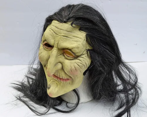 Vista 6 de Máscara de bruja de Halloween aterradora realista cosplay máscara de disfraz antiguo con cabello